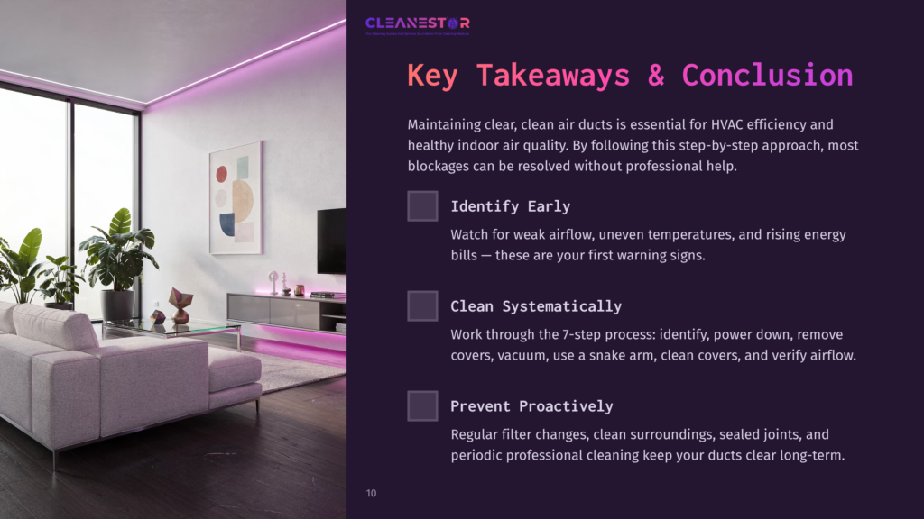 A Modern Living Room With A Sectional Sofa, Glass Coffee Table, And Sleek Entertainment Center, Illuminated By Purple Led Strip Lights. The Image Displays Text: &Quot;Cleanestor&Quot;, &Quot;Key Takeaways &Amp; Conclusion&Quot;, And Points About Identifying Early, Cleaning Systematically, And Preventing Proactively.