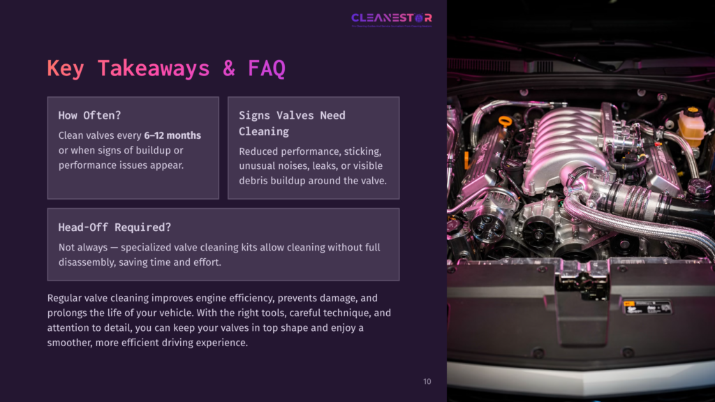 Close-Up Of A Clean, Modern Car Engine With Polished Chrome And Silver Components, Including The Intake Manifold And Supercharger, Set Against A Dark Background. Text Overlay Reads &Quot;Cleanestor&Quot; And &Quot;Key Takeaways &Amp; Faq&Quot;.
