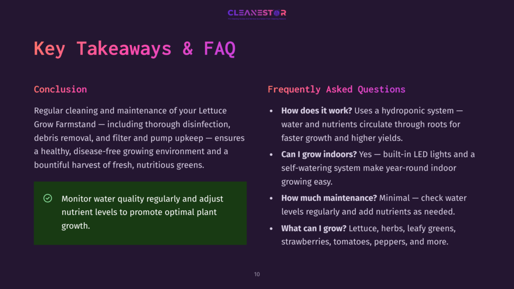 Cleanestor Logo With Text &Quot;Key Takeaways &Amp; Faq&Quot; And Bullet Points About Lettuce Grow Farmstands, Hydroponic Systems, And Indoor Growing.