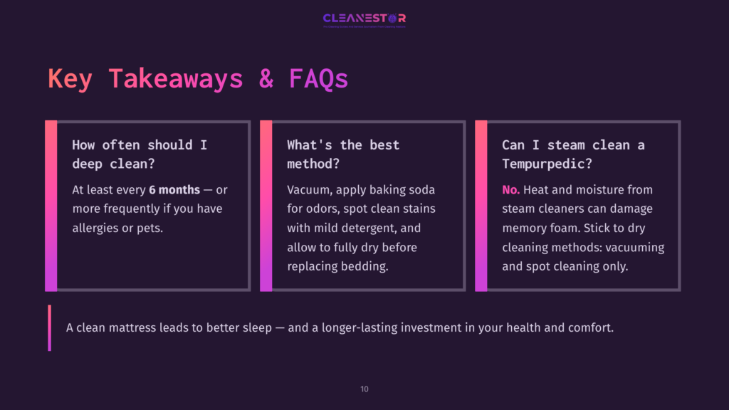 10 Key Takeaways And Faqs 1 Key Takeaways &Amp; Faqs About Mattress Cleaning: How Often Should I Deep Clean? What'S The Best Method? Can I Steam Clean A Tempurpedic? Cleanestor Logo At The Top.