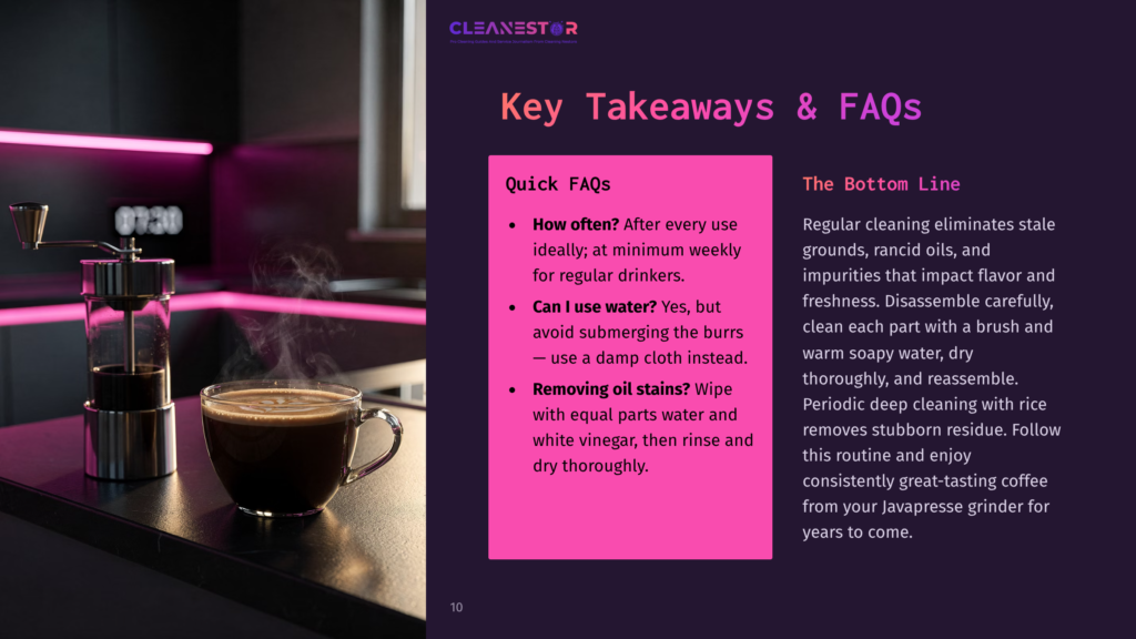 A Steaming Cup Of Coffee Sits On A Dark Countertop Next To A Manual Coffee Grinder, With A Glowing Pink Neon Light Reflecting On The Surface. The Text &Quot;Cleanestor&Quot; Is Visible At The Top Left.