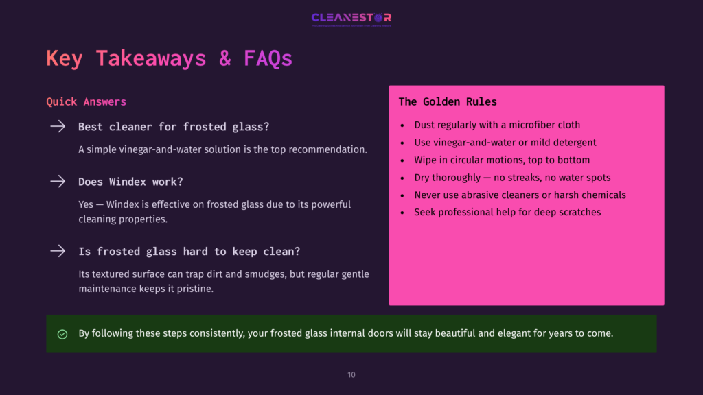 Presentation Slide Titled &Quot;Key Takeaways &Amp; Faqs&Quot; With A Pink Background. It Lists &Quot;The Golden Rules&Quot; For Cleaning, Including Using Vinegar And Water, Wiping In Circular Motions, And Seeking Professional Help For Deep Scratches.