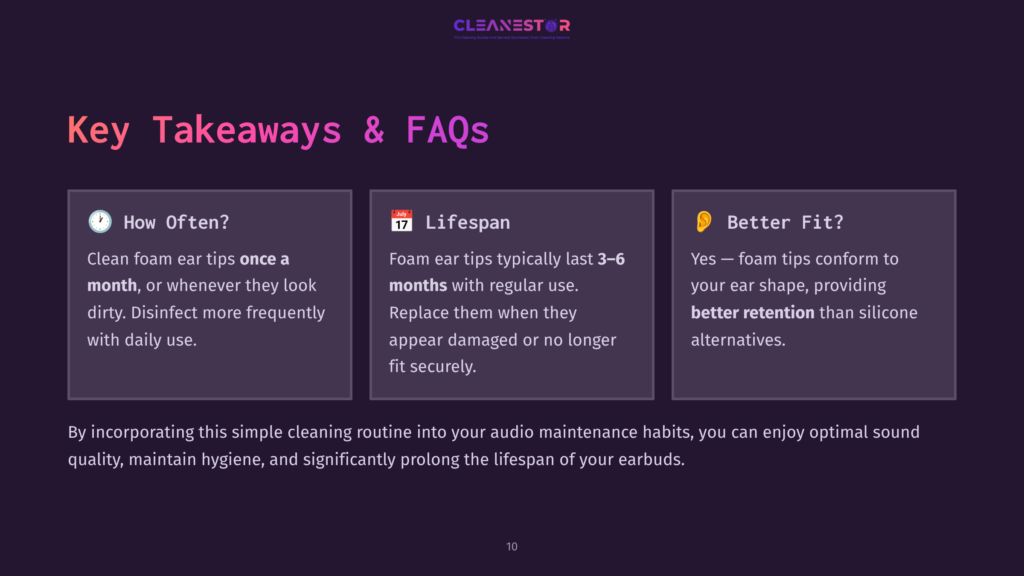 10 Key Takeaways And Faqs 15 Infographic Slide With The Heading &Quot;Key Takeaways &Amp; Faqs&Quot; From Cleanestor, Detailing Foam Ear Tip Cleaning Frequency, Lifespan, And Fit. Text Highlights Cleaning Monthly, 3-6 Month Lifespan, And Better Fit With Foam Tips.