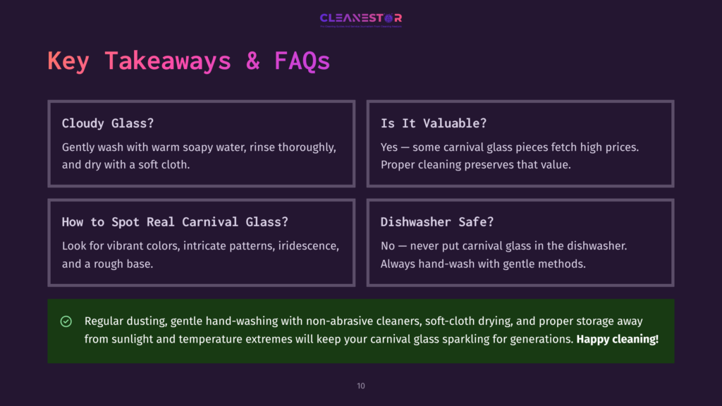 Key Takeaways &Amp; Faqs About Cleaning Carnival Glass: Cloudy Glass? Is It Valuable? How To Spot Real Carnival Glass? Dishwasher Safe? Includes Tips For Gentle Cleaning And Storage.