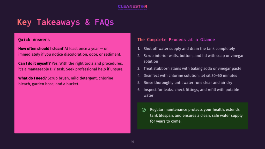 A Pink Slide With &Quot;Quick Answers&Quot; And &Quot;How Often Should I Clean?&Quot;, &Quot;Can I Do It Myself?&Quot;, And &Quot;What Do I Need?&Quot; Questions On The Left. The Right Side Has &Quot;The Complete Process At A Glance&Quot; With Numbered Steps For Cleaning A Tank, And A Green Box Emphasizing Regular Maintenance.