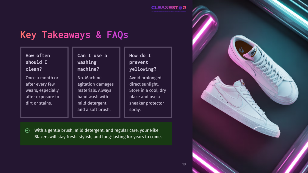 10 Key Takeaways And Faqs 6 White Nike Sneakers Are Displayed On A Dark, Reflective Surface With Vibrant Pink Neon Lights. The Image Includes Text About Cleaning And Preventing Yellowing Of Shoes.