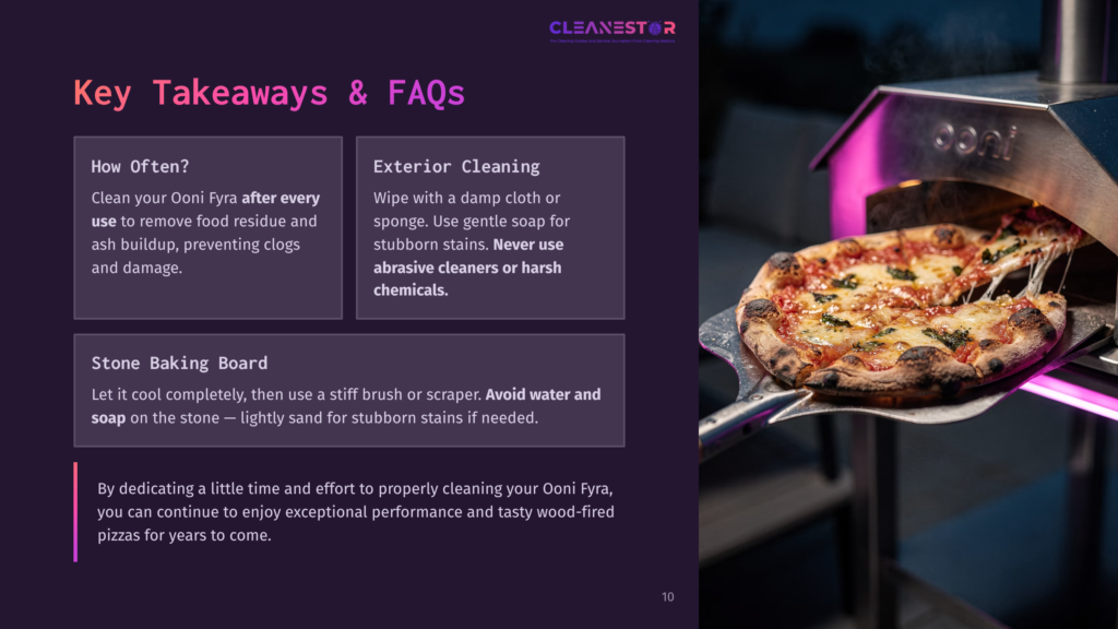 Ooni Pizza Oven With A Perfectly Cooked Pizza Being Removed With A Pizza Peel. Text Overlay: &Quot;Key Takeaways &Amp; Faqs&Quot;, &Quot;How Often?&Quot;, &Quot;Exterior Cleaning&Quot;, &Quot;Stone Baking Board&Quot;.