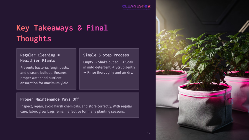 10 Key Takeaways And Final Thoughts Close-Up Of Three Healthy Green Plants In Fabric Grow Bags, With Pink Led Grow Lights Illuminating Them. The Image Highlights A &Quot;Key Takeaways &Amp; Final Thoughts&Quot; Slide With Text About Plant Care And Cleaning.