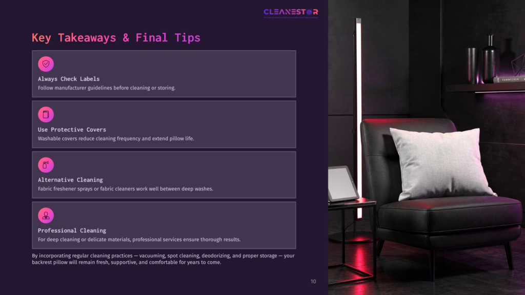 A Modern Living Room With A Black Leather Armchair And A White Pillow. A Tall Lamp Illuminates The Scene, With A Shelf Holding Books And Decor In The Background. Text On The Left Lists Cleaning Tips For Pillows.