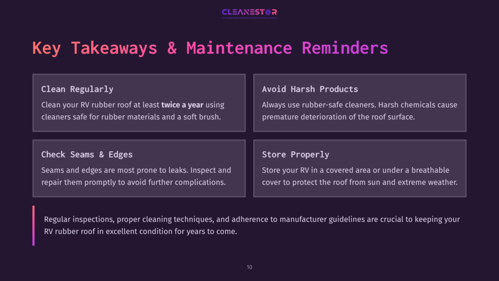Key Takeaways And Maintenance Reminders For Rv Rubber Roofs: Clean Regularly, Avoid Harsh Products, Check Seams &Amp; Edges, And Store Properly. Rv Roof Care Is Crucial.