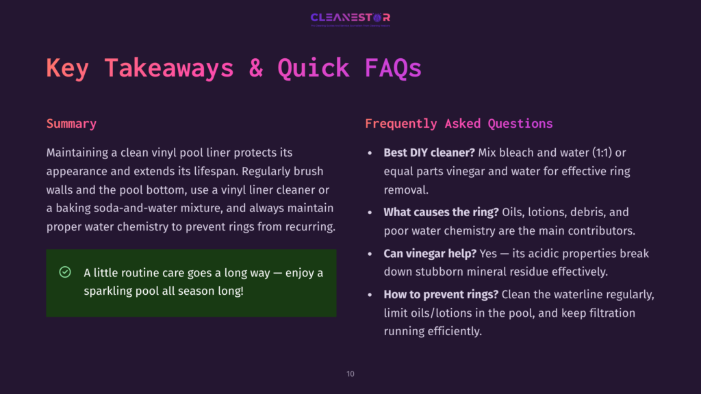 Cleanestor Logo And Text: Key Takeaways &Amp; Quick Faqs. Summary Section Discusses Maintaining Vinyl Pool Liners And Preventing Rings. Frequently Asked Questions Section Covers Diy Cleaning, Causes Of Rings, And Prevention.