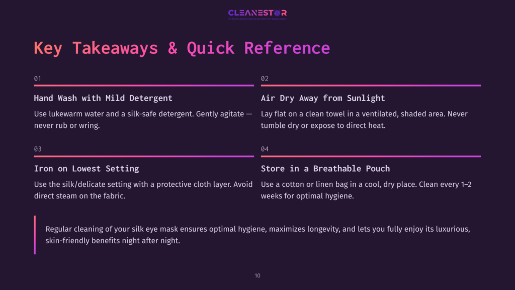 Key Takeaways &Amp; Quick Reference For Silk Eye Mask Care: Hand Wash With Mild Detergent, Air Dry Away From Sunlight, Iron On Lowest Setting With A Protective Cloth, And Store In A Breathable Linen Bag.