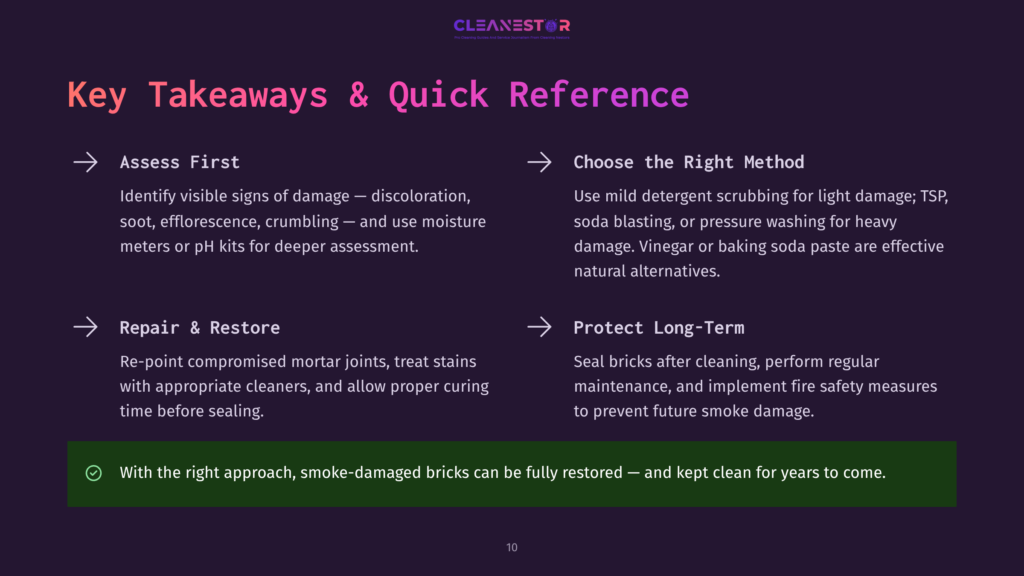 Key Takeaways And Quick Reference For Cleaning Smoke-Damaged Bricks: Assess First, Choose The Right Method, Repair &Amp; Restore, And Protect Long-Term. Includes Visual Cues And Text From The Cleanestor Brand.