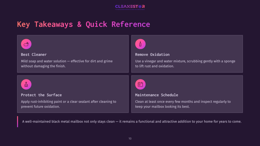 10 Key Takeaways And Quick Reference 2 Infographic With Key Takeaways For Cleaning And Maintaining A Black Metal Mailbox: Best Cleaner, Remove Oxidation, Protect The Surface, And Maintenance Schedule, With The Cleanestor Logo.