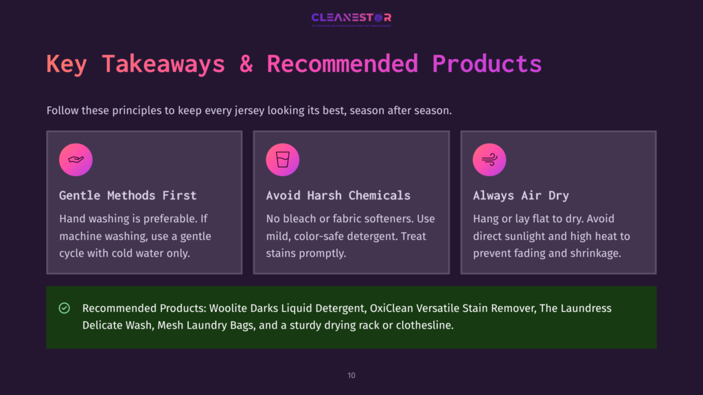 Key Takeaways &Amp; Recommended Products For Keeping Jerseys Clean: Gentle Methods First, Avoid Harsh Chemicals, Always Air Dry. Recommended Products: Woolite Darks Liquid Detergent, Oxiclean Versatile Stain Remover, The Laundress Delicate Wash, Mesh Laundry Bags.
