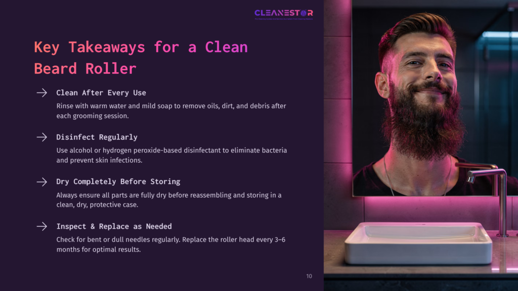 A Smiling Man With A Full Beard And Mustache Looks Into A Mirror, With A White Sink And Faucet In The Foreground. The Text &Quot;Cleanestor&Quot; Is Visible In The Upper Right Corner, Along With Key Takeaways For A Beard Roller.