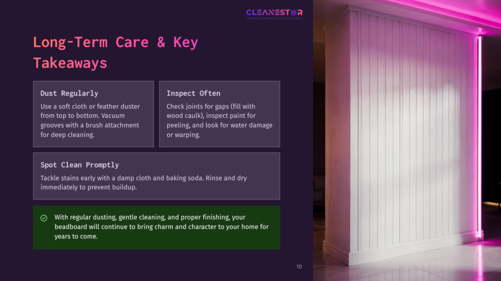 Cleanestar Logo And Text: &Quot;Long-Term Care &Amp; Key Takeaways&Quot; With Bullet Points On Dust Regularly, Inspect Often, And Spot Clean Promptly. A Brightly Lit Beadboard Wall With Pink Led Lighting.