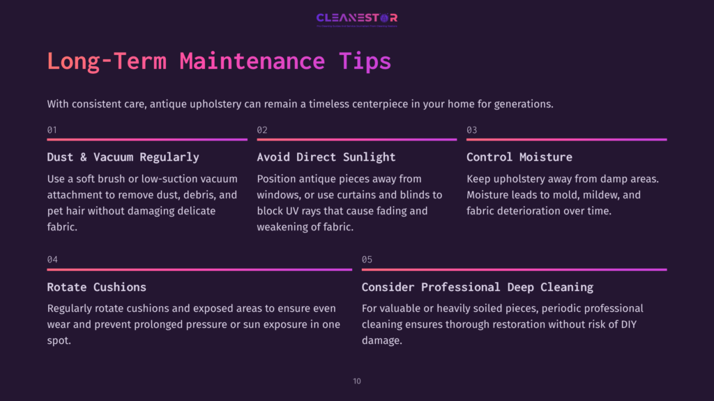 Infographic Titled &Quot;Long-Term Maintenance Tips&Quot; With Five Sections: &Quot;Dust &Amp; Vacuum Regularly,&Quot; &Quot;Avoid Direct Sunlight,&Quot; &Quot;Control Moisture,&Quot; &Quot;Rotate Cushions,&Quot; And &Quot;Consider Professional Deep Cleaning.