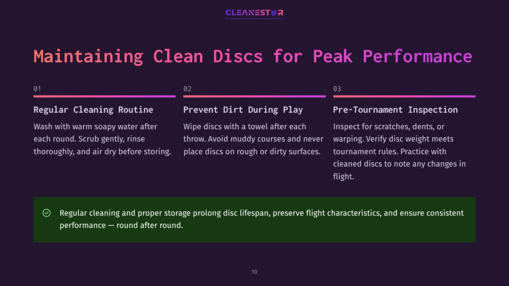 Clean Disc Golf Maintenance Tips: Regular Cleaning, Preventing Dirt During Play, And Pre-Tournament Inspection With A Green Checkmark For Proper Storage And Performance.