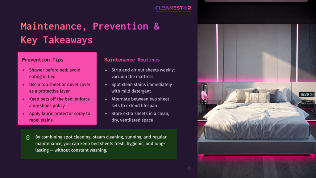 A Modern Bedroom Features A Large, Neatly Made Bed With Plush Pillows And A White Duvet. Pink Led Lights Illuminate The Room From Below The Bed And Behind It, Creating A Vibrant Atmosphere. Text Overlay On The Left Side Of The Image Reads &Quot;Maintenance, Prevention &Amp; Key Takeaways&Quot; And Provides Tips For Mattress Care.