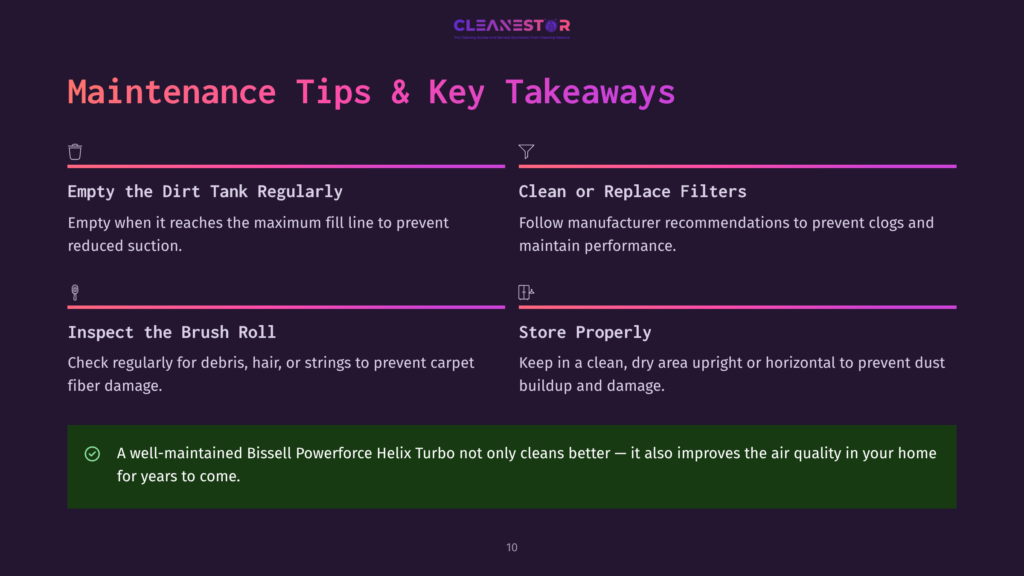 A Dark Purple Graphic Titled &Quot;Maintenance Tips &Amp; Key Takeaways&Quot; Lists Four Points For Cleaning A Bissell Powerforce Helix Turbo Vacuum: &Quot;Empty The Dirt Tank Regularly,&Quot; &Quot;Clean Or Replace Filters,&Quot; &Quot;Inspect The Brush Roll,&Quot; And &Quot;Store Properly.