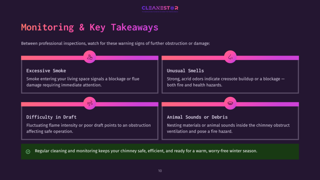 10 Monitoring And Key Takeaways Cleanestor Infographic: Monitoring &Amp; Key Takeaways. Sections Highlight Excessive Smoke, Unusual Smells, Difficulty In Draft, And Animal Sounds Or Debris As Chimney Warning Signs. The Infographic Emphasizes Regular Cleaning And Monitoring For A Safe, Efficient, Warm, Worry-Free Winter Season.