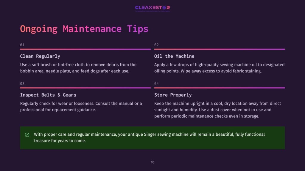 On A Dark Background, The Cleanestar Logo Is Displayed At The Top Of A Graphic With The Title &Quot;Ongoing Maintenance Tips.&Quot; The Graphic Is Divided Into Four Sections, With Two On The Left And Two On The Right, Detailing Sewing Machine Maintenance Advice.