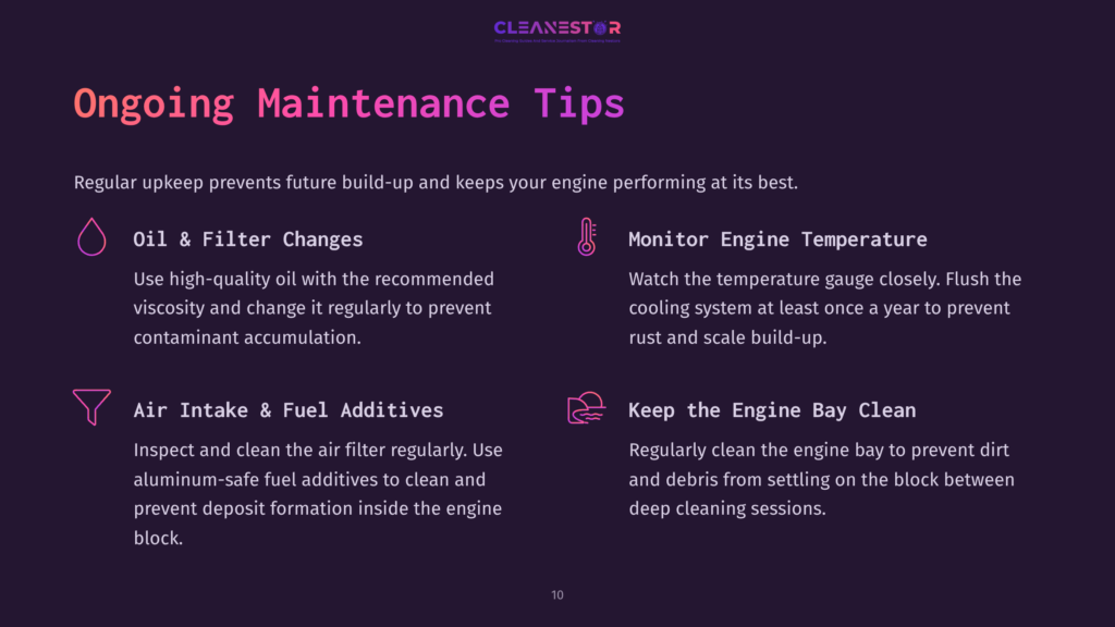 Ongoing Maintenance Tips Slide With Icons For Oil, Engine Temperature, Air Intake, And Engine Bay Cleaning. Text Details Proactive Engine Care.
