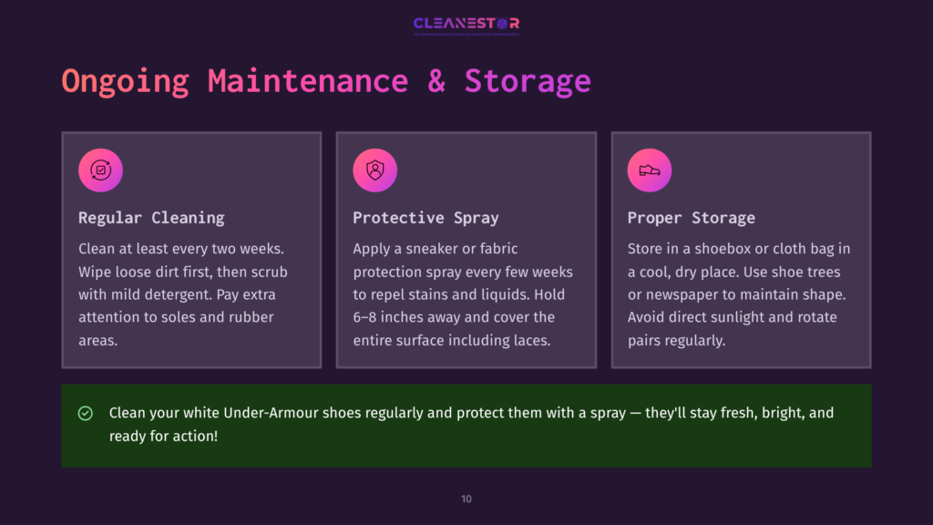 Three Sections On Ongoing Maintenance For Shoes: Regular Cleaning, Protective Spray, And Proper Storage. Text Highlights Cleaning Tips And Shoe Care.
