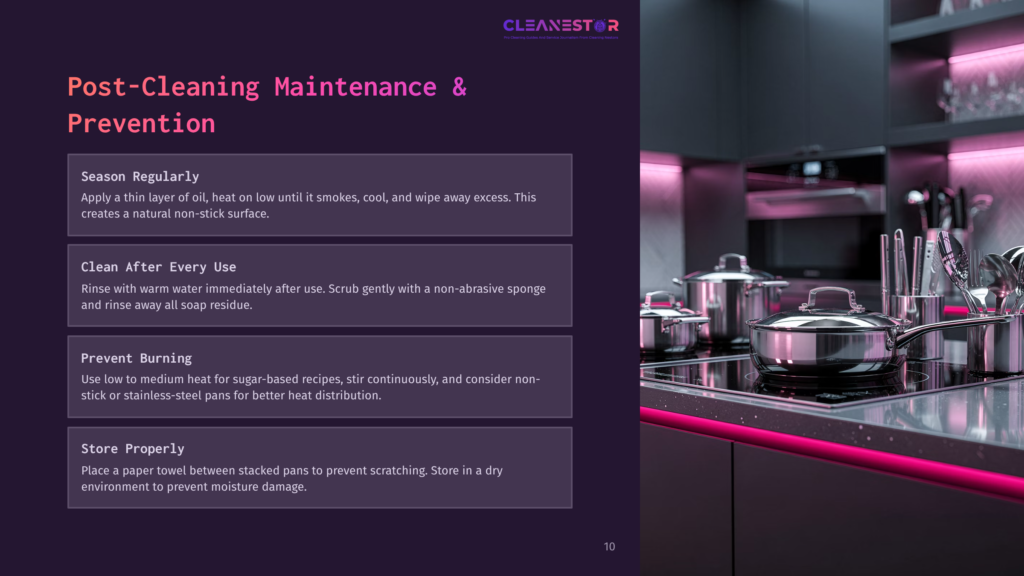 Modern Kitchen With Sleek Black Countertops And Pink Under-Cabinet Lighting, Featuring A Stovetop With Stainless Steel Pots And Pans. Text Overlay Reads: Cleanestor, Post-Cleaning Maintenance &Amp; Prevention.
