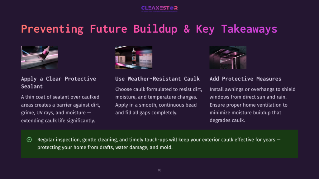 10 Preventing Future Buildup And Key Takeaways Three Images Illustrating Preventative Caulking Maintenance: Applying Sealant, Weather-Resistant Caulk, And Installing Awnings. Text Emphasizes Preventative Caulking And Key Takeaways.
