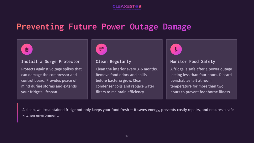 Preventing Future Power Outage Damage: Install A Surge Protector, Clean Regularly, And Monitor Food Safety. Tips For Fridge Protection And Food Preservation.