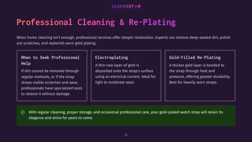 10 Professional Cleaning And Re Plating Professional Cleaning And Re-Plating Services For Watches Are Explained With Three Service Options: When To Seek Professional Help, Electroplating, And Gold-Filled Re-Plating. The Text Highlights Benefits Like Deep-Seated Dirt Removal And Restoring Worn Gold Plating.