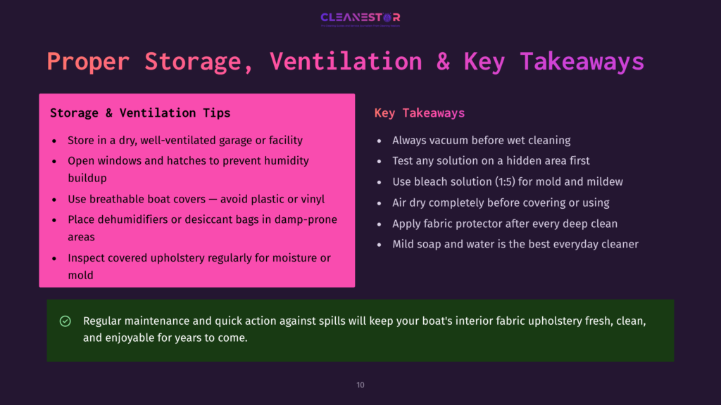 Presentation Slide Titled &Quot;Proper Storage, Ventilation &Amp; Key Takeaways&Quot; With Bullet Points On Boat Storage And Fabric Care Tips, Including Proper Ventilation And Moisture Prevention.