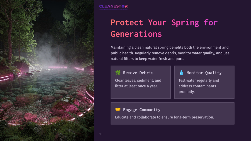 A Serene Forest Spring With Glowing Neon Pink Lights Illuminating The Water And Rocks. The Text Reads &Quot;Protect Your Spring For Generations&Quot; And Lists Actions Like &Quot;Remove Debris,&Quot; &Quot;Monitor Quality,&Quot; And &Quot;Engage Community.