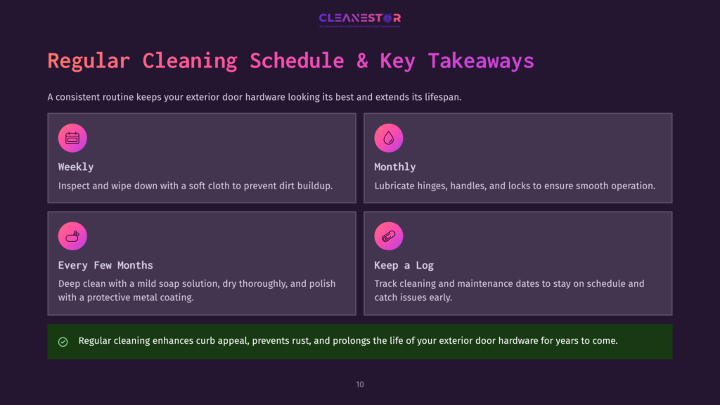 10 Regular Cleaning Schedule And Key Takeaways Infographic Outlining A Regular Exterior Door Hardware Cleaning Schedule: Weekly Inspection, Monthly Lubrication, Every Few Months Deep Cleaning With Mild Soap, And Keep A Log For Tracking Maintenance. The Text Emphasizes That Regular Cleaning Enhances Curb Appeal And Extends Hardware Life.