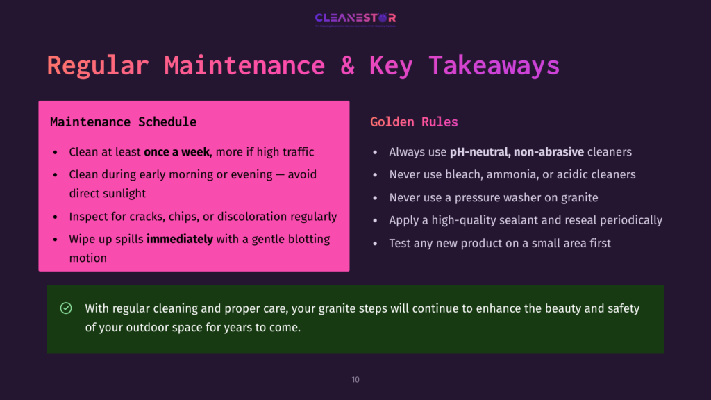 Cleanestor Logo And &Quot;Regular Maintenance &Amp; Key Takeaways&Quot; Text On A Dark Background. Left Side Lists &Quot;Maintenance Schedule&Quot; With Bullet Points On Cleaning And Inspection. Right Side Lists &Quot;Golden Rules&Quot; With Bullet Points On Cleaners And Testing. Bottom Green Bar Emphasizes Regular Cleaning For Granite Beauty.