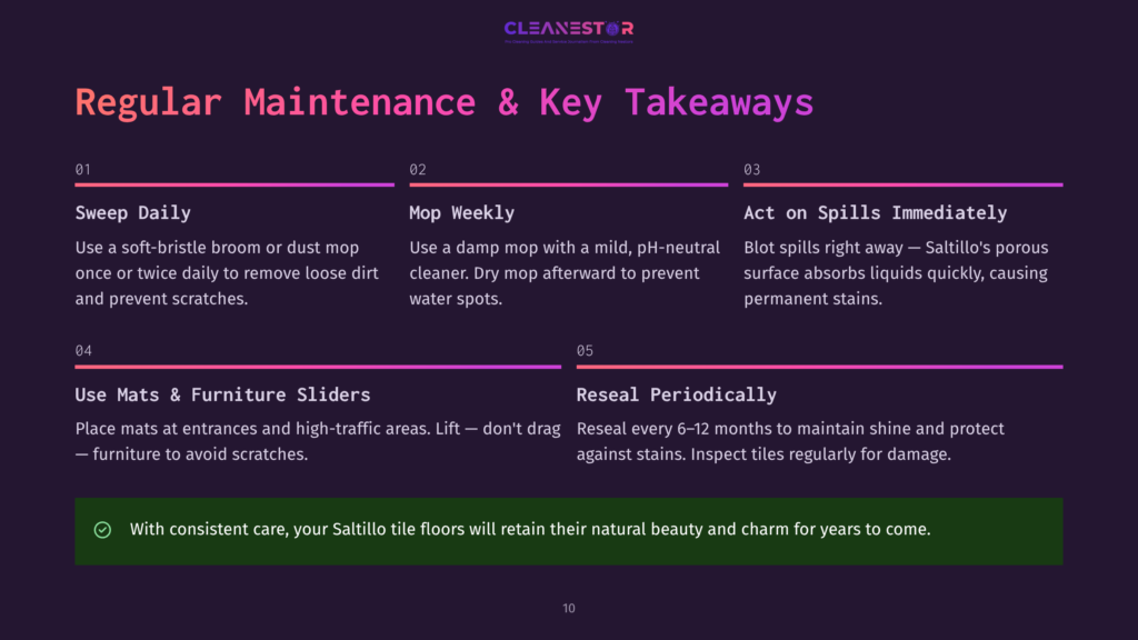 10 Regular Maintenance And Key Takeaways Cleanestor Logo Above &Quot;Regular Maintenance &Amp; Key Takeaways&Quot; Text. Sections Detail Sweep Daily, Mop Weekly, Act On Spills, Use Mats &Amp; Furniture Sliders, And Reseal Periodically For Saltillo Tile Care.