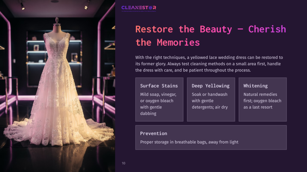 10 Restore The Beauty Cherish The Memories A White Lace Wedding Dress Is Displayed On A Mannequin In A Dimly Lit Boutique, With Text Overlay Detailing Cleaning Methods: &Quot;Surface Stains,&Quot; &Quot;Deep Yellowing,&Quot; And &Quot;Whitening.