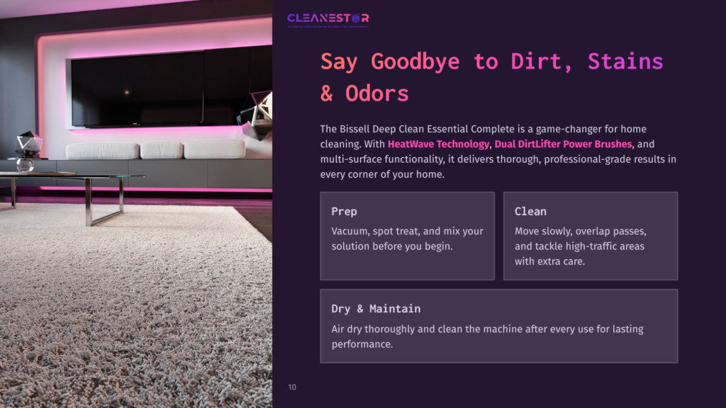 Cleanestor Deep Clean Essential Complete: Say Goodbye To Dirt, Stains &Amp; Odors. A Modern Living Room With A Large Tv, Plush Carpet, And Ambient Lighting.