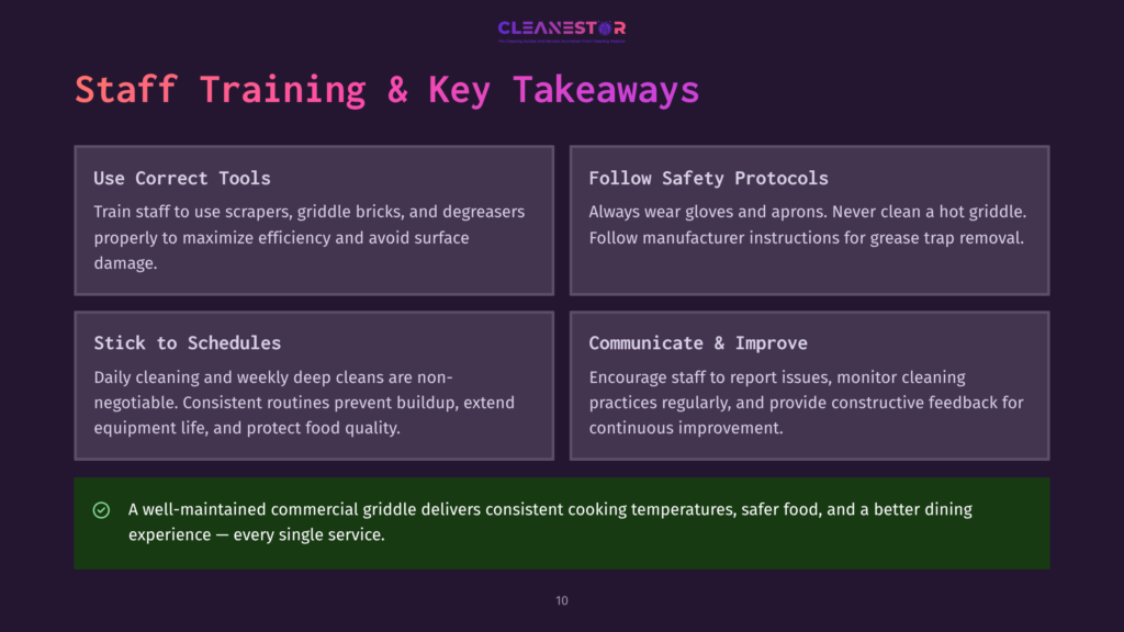 10 Staff Training And Key Takeaways A Slide Titled &Quot;Staff Training &Amp; Key Takeaways&Quot; From Cleanestor, Featuring Four Key Points: Use Correct Tools, Follow Safety Protocols, Stick To Schedules, And Communicate &Amp; Improve. A Green Checkmark Highlights The Final Message About Well-Maintained Commercial Griddles.