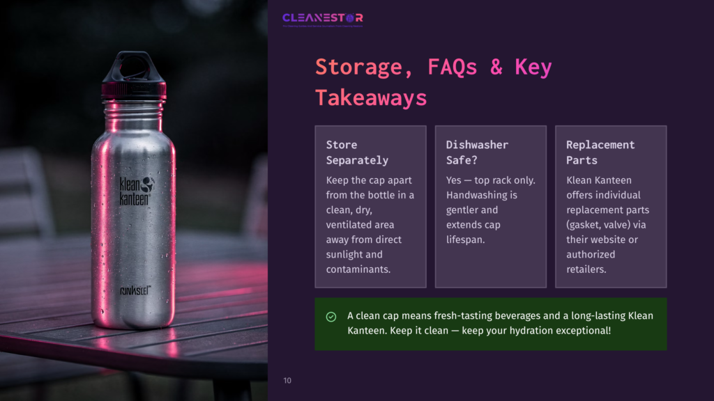 A Stainless Steel Klean Kanteen Water Bottle With A Black Lid And Carabiner Clip Sits On A Dark, Textured Surface, With A Soft Pink And Purple Light Illuminating The Background.