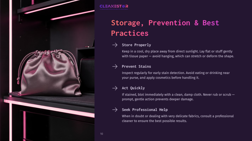 Cleanestor Logo And Text: &Quot;Storage, Prevention &Amp; Best Practices&Quot; With Bullet Points On Preventing Stains And Seeking Professional Help For Garment Care.