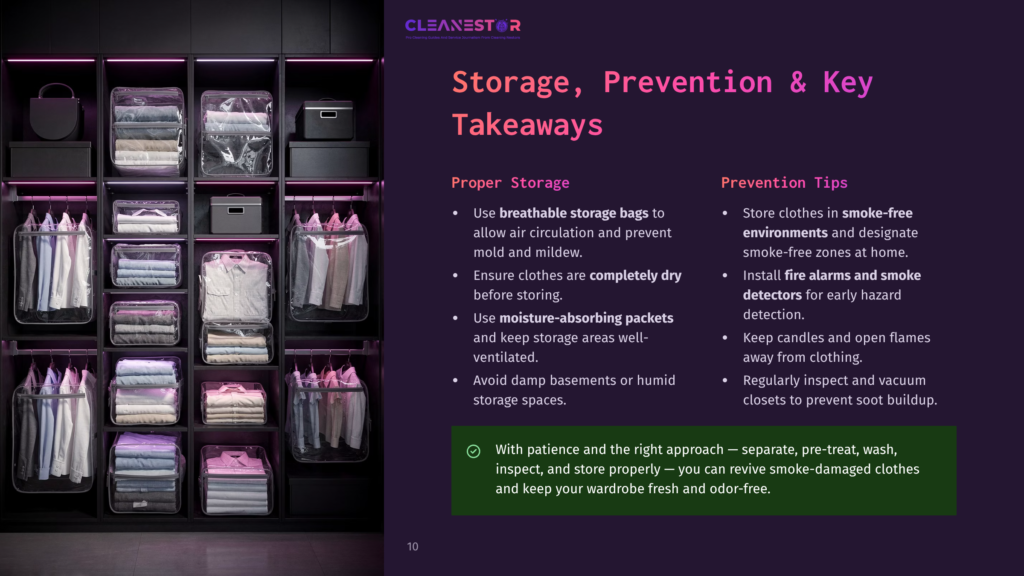 Cleanestor Logo Above Text: &Quot;Storage, Prevention &Amp; Key Takeaways&Quot;. Image Shows A Meticulously Organized Closet With Neatly Folded Clothes And Hanging Garments In Clear Protective Bags.