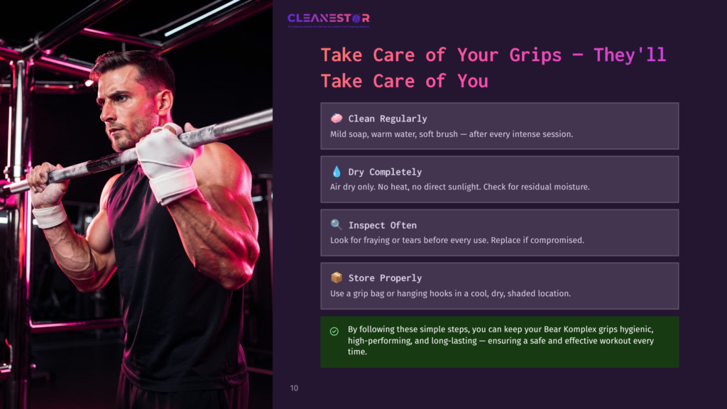 10 Take Care Of Your Grips Theyll Take Care Of You Man With White Weightlifting Gloves And A Beard Lifts A Barbell In A Gym, With Text Overlay About Grip Care And Cleaning.