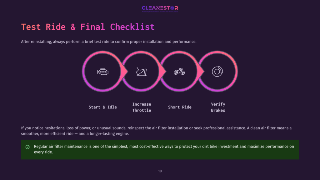 Infographic Showing A Four-Step Test Ride Checklist For Dirt Bike Air Filter Installation: Start &Amp; Idle, Increase Throttle, Short Ride, Verify Brakes. Text Reads &Quot;Test Ride &Amp; Final Checklist&Quot; And &Quot;Cleanestor&Quot;.
