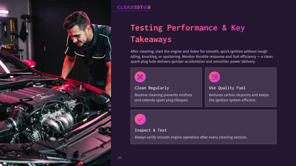 Man In A Garage Inspecting A Red Car Engine, With Text Overlay &Quot;Testing Performance &Amp; Key Takeaways&Quot; And Icons For &Quot;Clean Regularly,&Quot; &Quot;Use Quality Fuel,&Quot; And &Quot;Inspect &Amp; Test.