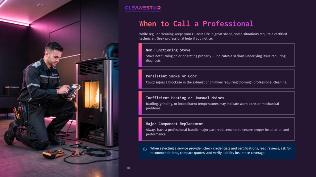 A Technician In A Blue Uniform Crouches To Inspect A Wood-Burning Stove, Holding A Diagnostic Tool. The Stove Is Lit With A Warm Glow, Set Against A Dark, Modern Interior. Text Overlay Reads &Quot;Cleanestor&Quot; And &Quot;When To Call A Professional&Quot;.