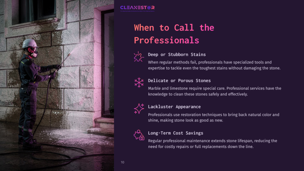 A Professional Cleaner In Protective Gear Pressure Washes A Textured Stone Building Exterior, With The Text &Quot;When To Call The Professionals&Quot; And Service Descriptions Overlaid.