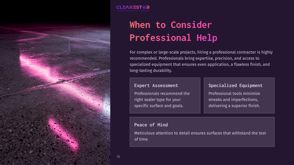 Cleanestor Logo And Text &Quot;When To Consider Professional Help&Quot; Over A Dark, Wet Concrete Floor With Pink And Purple Light Reflections.